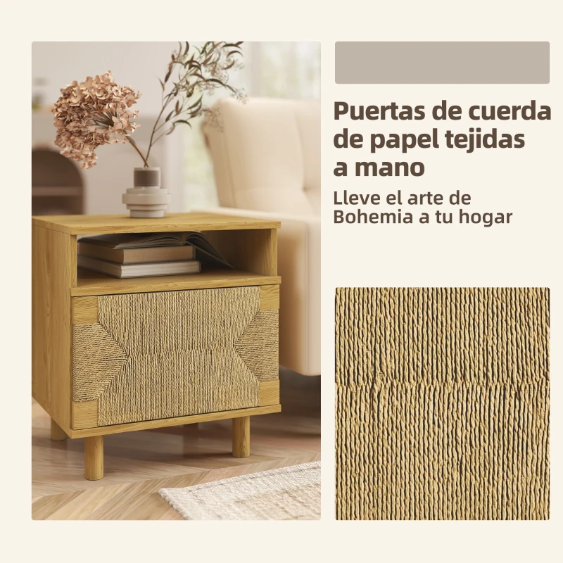HOMCOM Mesita de Noche Bohemio con Puerta de Cuerda de Papel Estante Abierto Apertura por Presión 45x39x50 cm Roble