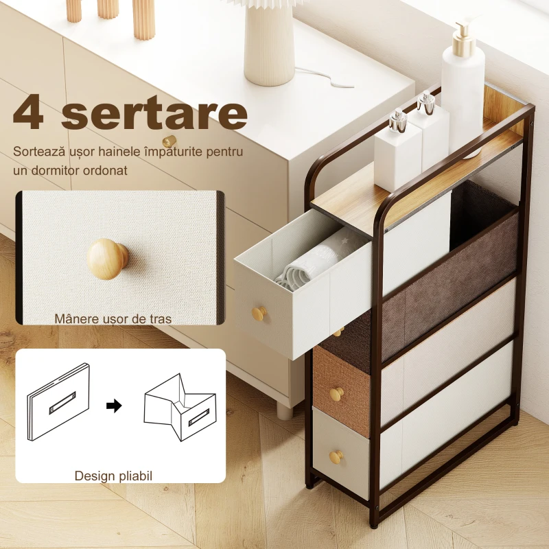 HOMCOM Comodă Slim Salvaspatiu cu 4 Sertare Pliabile din Material Textil, Oțel și Lemn, 20x47x84.5 cm, Multicolor