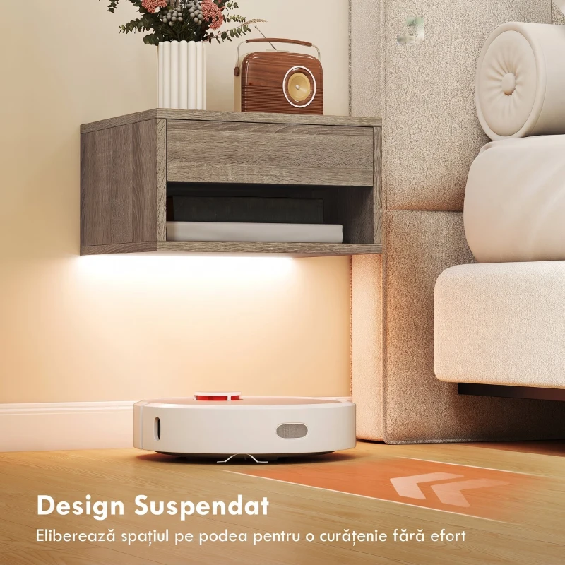 HOMCOM Set 2 Noptiere Suspendate cu LED Integrat și Reglabil prin Aplicație, Sertar și Raft, 37x32x21 cm, Nuanță de Lemn