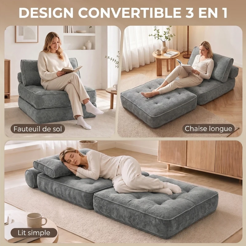 HOMCOM Fauteuil Convertible 1 Place 95 x 220 cm avec 2 Oreillers, Siège Épais, Fauteuil-Lit Chauffeuse 3 en 1, Gris Clair
