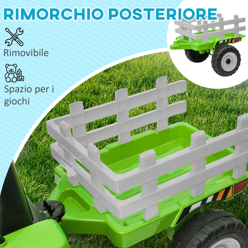 HOMCOM Trattore Elettrico per Bambini 3-6 Anni con Rimorchio Rimovibile, Batteria 12V e Telecomando, Verde