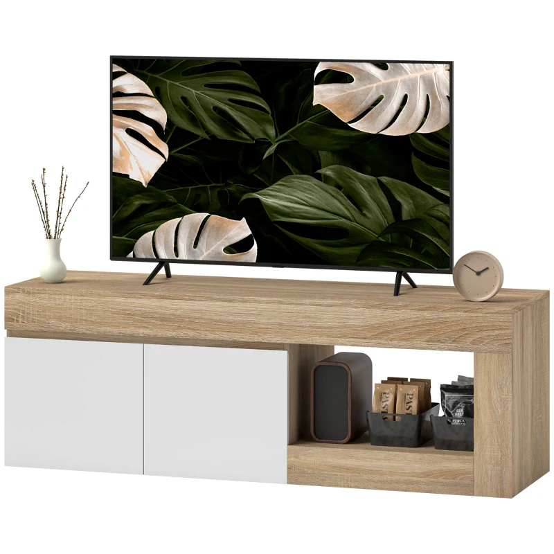 HOMCOM Meuble TV 2 portes pour téléviseurs jusqu'à 60 pouces, meuble télé avec placard et étagère ouverte, effet bois naturel