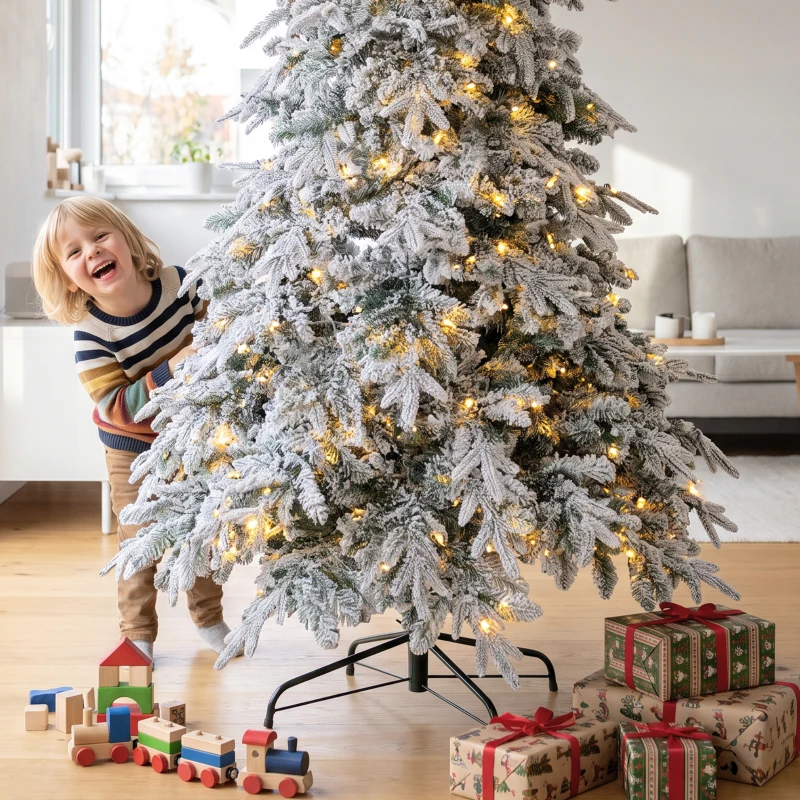 HOMCOM Sapin de Noël Artificiel 180 cm Arbre de Noël Lumineux Enneigé, Branches Articulées, Lumière 350 LEDs, Vert et Blanc