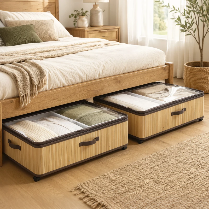 HOMCOM Juego de 2 Cajas de Almacenaje Bajo Cama con Ruedas 60L Tapa Transparente y Asa Marco Metálico 78,5x43x23 cm Natural