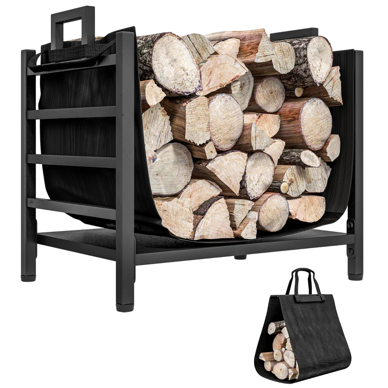 Outsunny Porte-bûches, range-bûches, avec transporteur amovible, intérieure, 49l x 34P x 44H cm, métal, noir