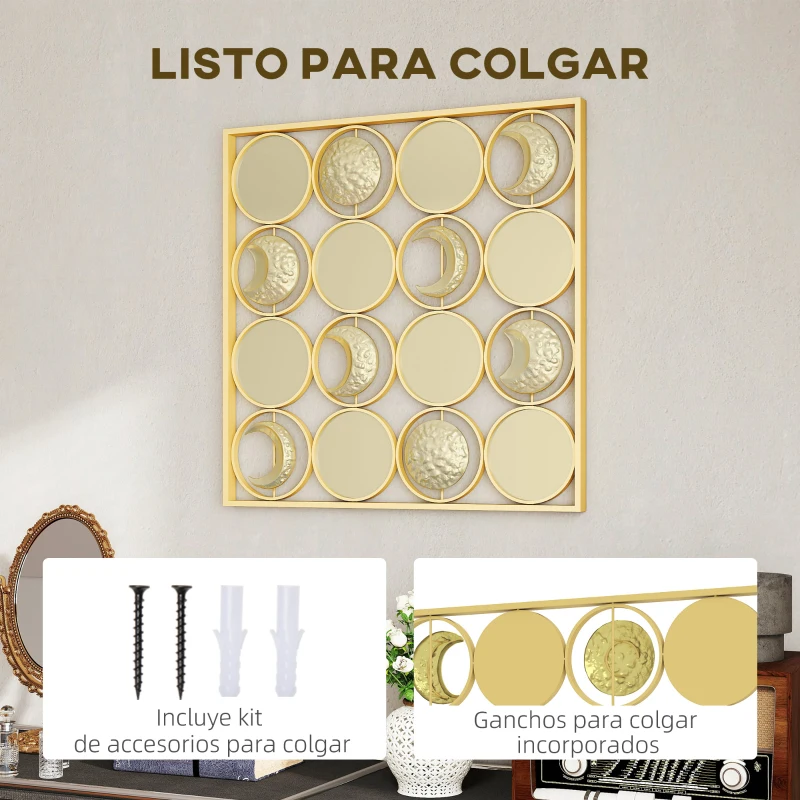 HOMCOM Decoración de Metal para Pared de Fases Lunares Multidireccional con 16 Discos Dorado