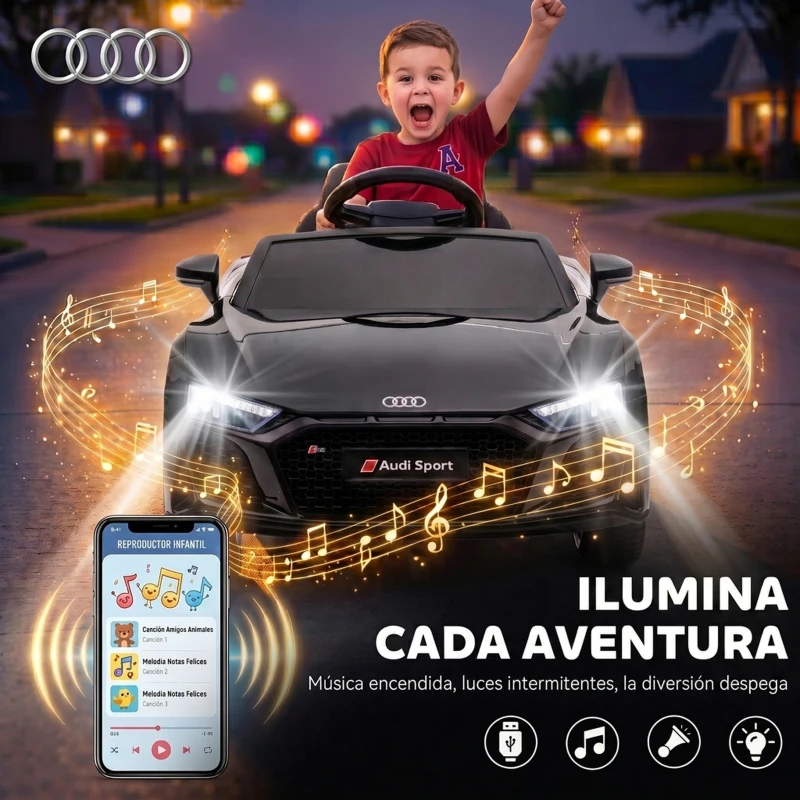 AIYAPLAY Coche Eléctrico para Niños Audi R8 Spyder 12 V con Mando 2,4G 2 Motores Arranque Suave y Suspensión Trasera Negro