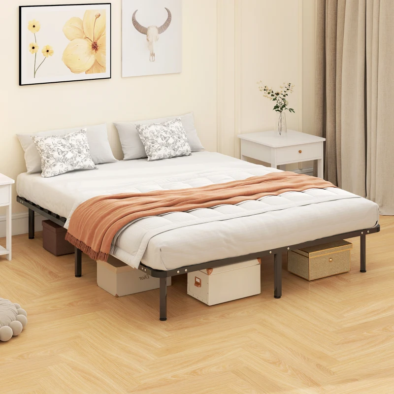 HOMCOM Cadre de lit 160 x 190 cm, lit 2 personnes en bois massif avec sommier à lattes et pied, rangement au-dessous, noir