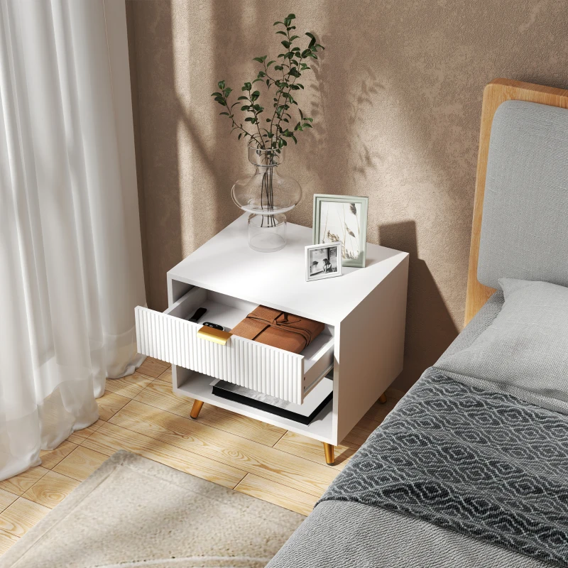 HOMCOM Elegant Bedside Table, with Drawer and Shelf - White/Gold Tone