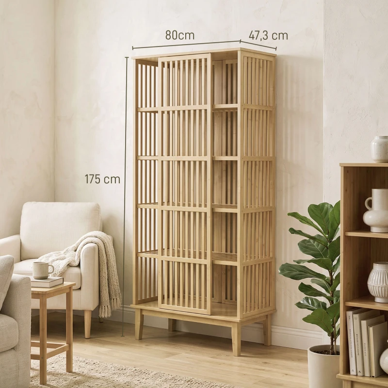 HOMCOM Armoire Chambre Penderie en Bambou 5 Niveaux avec Porte Coulissante, Design Aéré à Lattes, Bois Naturel