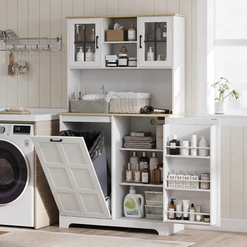 HOMCOM 175cm Tall Kitchen Cabinet, Kitchen Cupboard with Rubbish Bin Cabinet, 3 Door Shelves and 2 Acrylic Doors, White