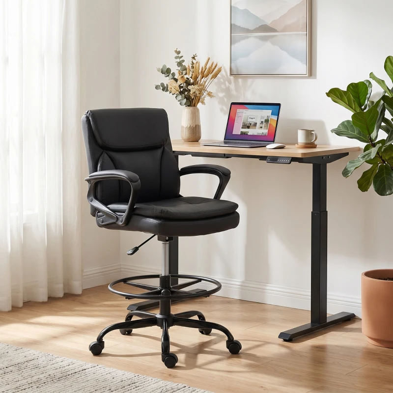 HOMCOM Silla de Dibujo Silla de Escritorio Ergonómica Giratoria con Altura y Reposapiés Ajustable Negro