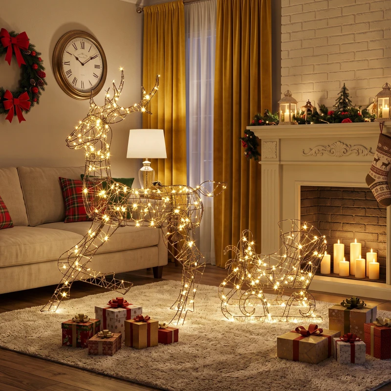 Outsunny Reno de Navidad con Trineo Luminoso 2 Piezas en Ratán PP, 175 LED Blanco Cálido, 8 Modos, Temporizador, 82x32x120cm, Marrón