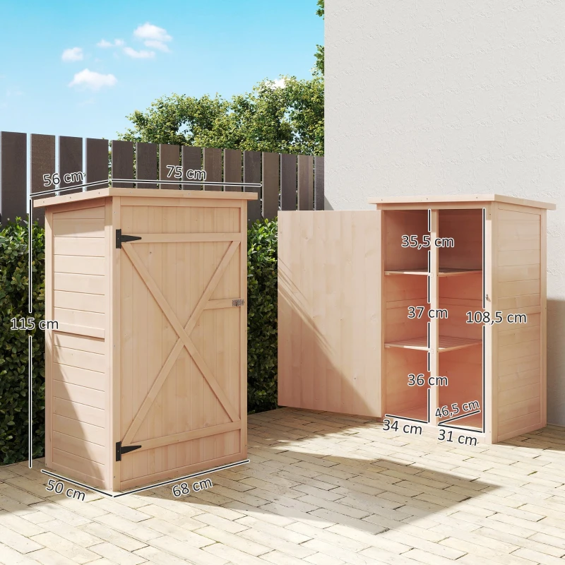 Outsunny Armario de Jardín de Madera para Exterior para Herramientas con 2 Estantes Techo Asfáltico 75x56x115cm Natural