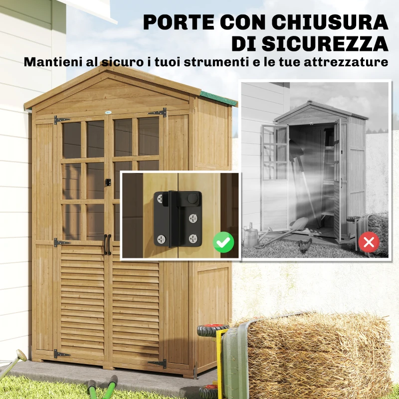 Outsunny Armadio da Giardino in Legno con Finestre Trasparenti, 128x57.5x197 cm, Marrone Chiaro