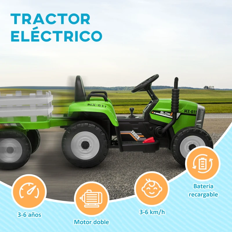 HOMCOM Tractor Eléctrico con Remolque para Niños 3-6 Años con Control Remoto y Cinturón de Seguridad 136,5x50x52,5 cm Verde