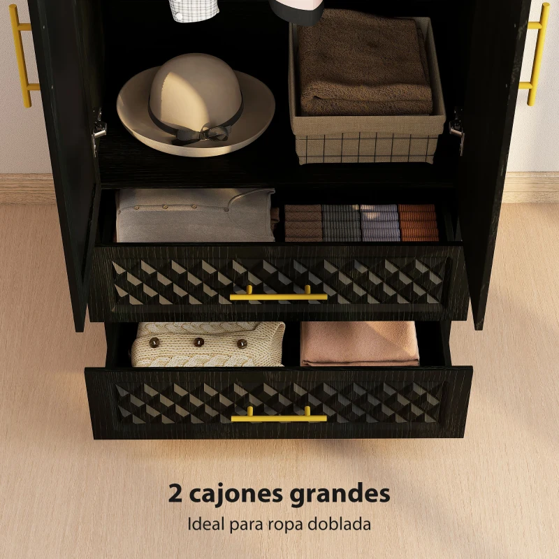 HOMCOM Armario Ropero con Espejo 2 Puertas y 2 Cajones Relieve de Diamante Barra para Colgar 80x50x180 cm Negro