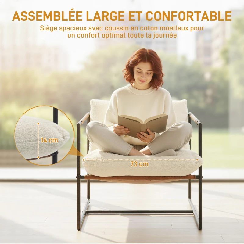 HOMCOM Fauteuil salon, fauteuil d'appoint rembourré en tissu bouclette, large assise et structure en acier, 77x91x80cm, crème