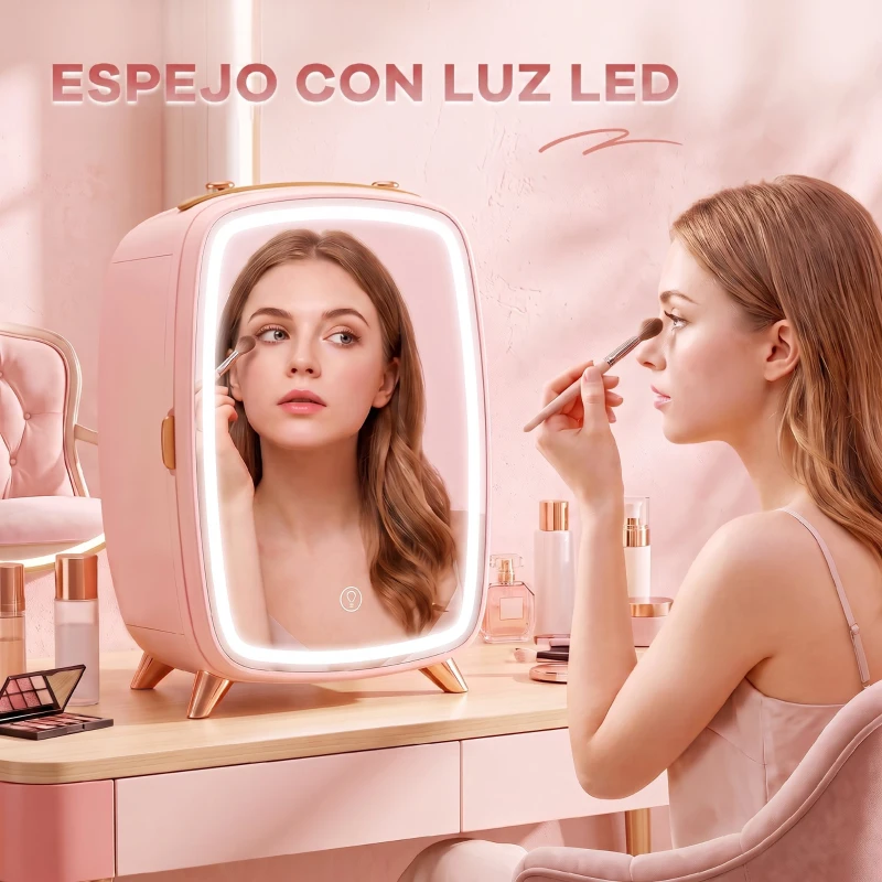 HOMCOM Nevera para Cosméticos Pequeña con 6L Capacidad con Puerta con Espejo y Luces LED Ajustables 24,3x19,4x35,6 cm Rosa