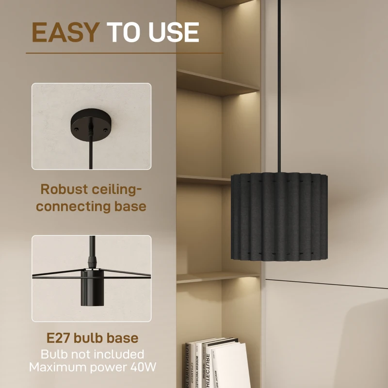 HOMCOM Linen Pendant Light, Bedside Ceiling Lamps with E27 Bulb, Modern Hanging Lights for Living Room, Bedroom, Kitchen, Hallway, Black