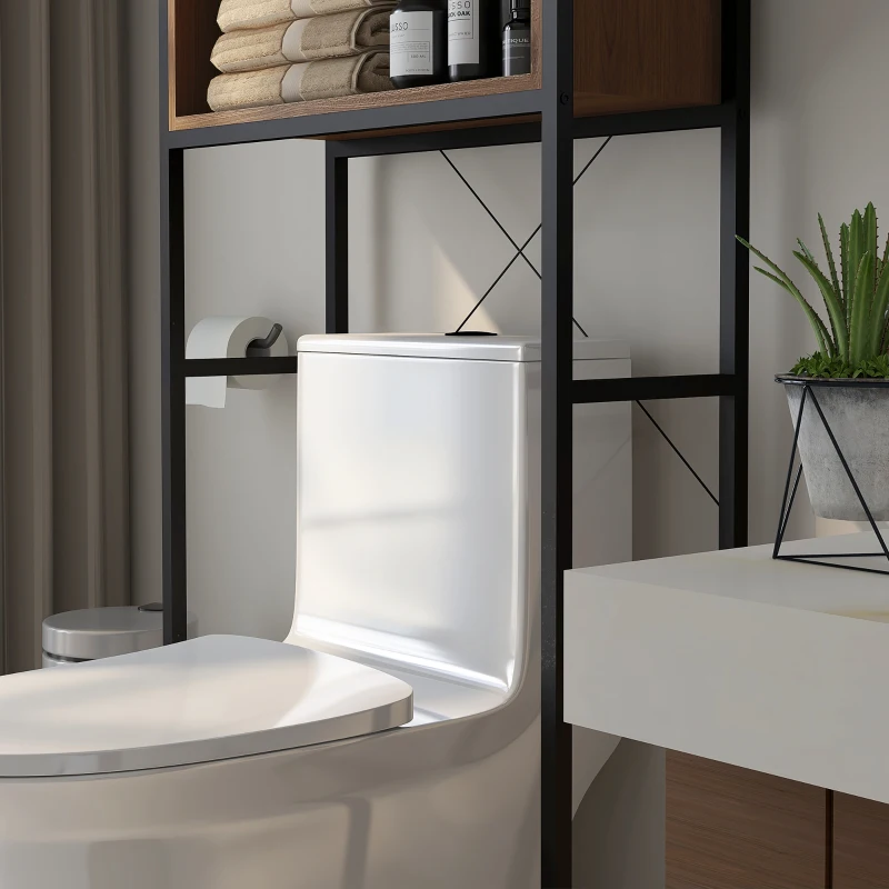 kleankin Meuble étagère dessus WC étagère de salle de bain placard 2 portes et niche 68 x 25,5 x 172,5 cm marron noir