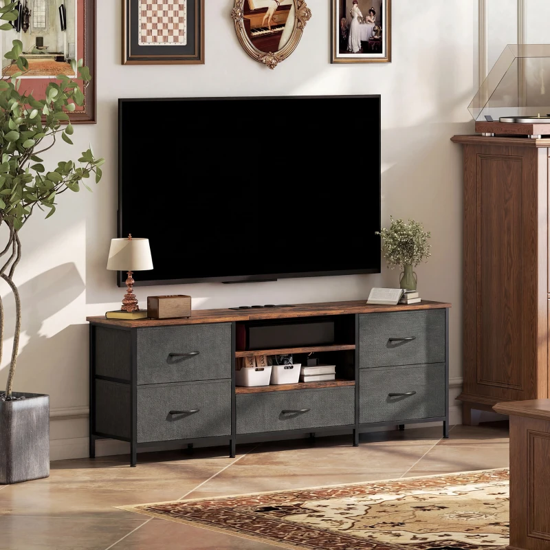 HOMCOM Meuble TV 140 cm, meuble télé 65 pouces, station de charge, 5 tiroirs en tissu, étagères ouvertes, 140x30x50cm, marron