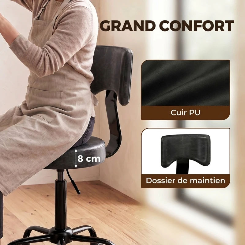 HOMCOM Tabouret à Roulettes, Hauteur Réglable 72-87,5cm, Tabouret de Massage Assise et Dossier Rembourrés, Pivotant 360°, Noir