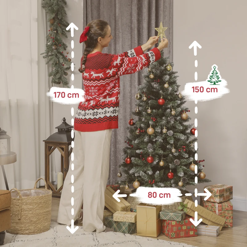 HOMCOM Brad de Crăciun de 150 cm Înălțime pentru Interior cu 398 de Crengi, Conuri și Fructe Roșii, Bază din Metal, Verde
