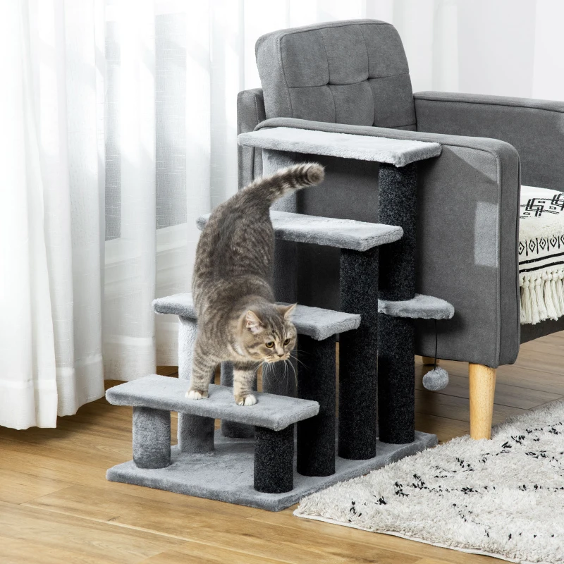 PawHut 4-step Pet Stairs with Scratching Posts, Platforms, Toy Ball, Grey