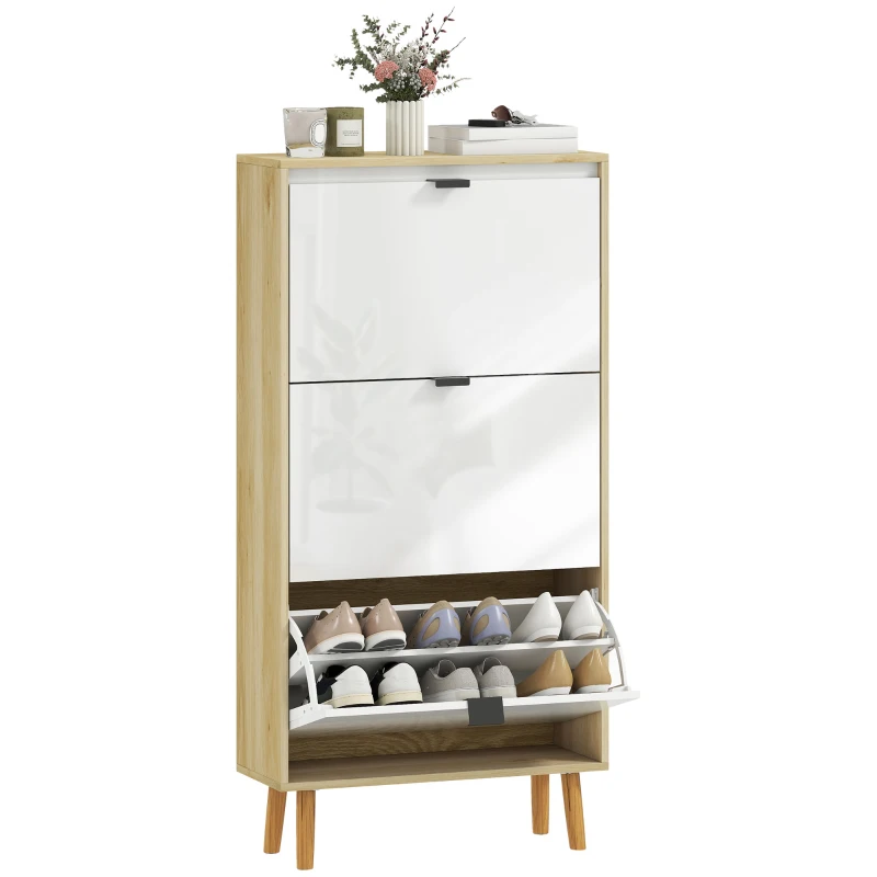 HOMCOM Meuble à chaussures, armoire à chaussures étroite, 3 tiroirs rabattables, porte haute brillante, 60x24x127cm, blanc