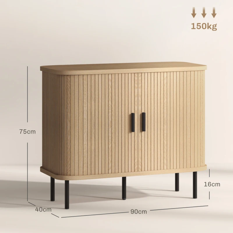 HOMCOM Buffet meuble de rangement avec portes coulissantes à lattes, armoire de cuisine avec pieds en acier, ton chêne