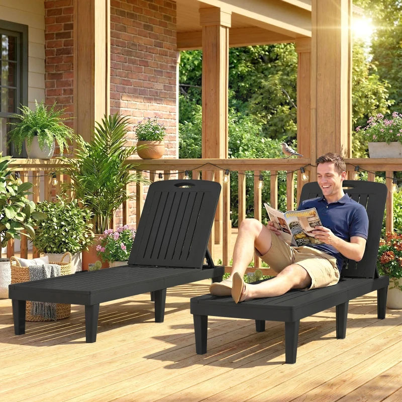 Outsunny Conjunto de 2 Tumbonas Reclinables de Plástico PP con Bandeja Lateral Respaldo Ajustable 5 Niveles 192x57x28,5 cm Negro