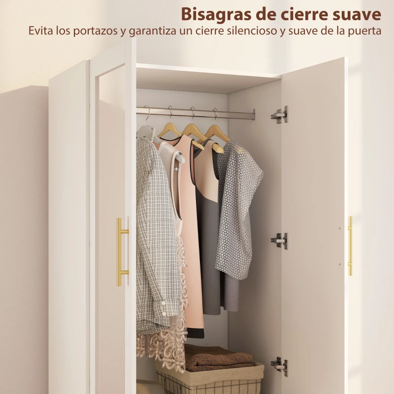 HOMCOM Armario Ropero con Espejo 2 Puertas y 2 Cajones Relieve de Diamante Barra para Colgar 80x50x180 cm Blanco