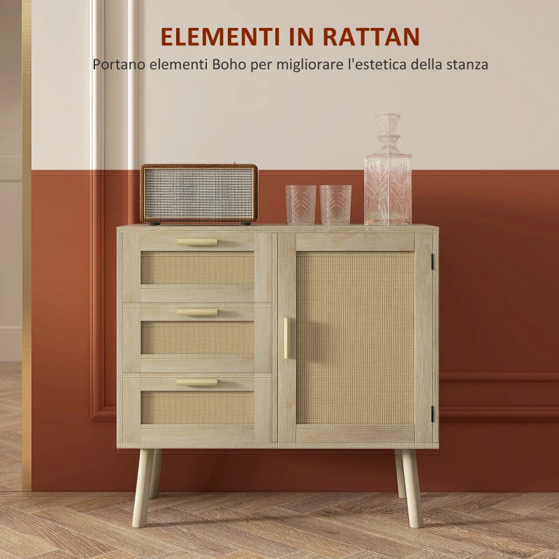HOMCOM Mobile Multiuso Stile Boho con Armadietto e 3 Cassetti in Legno e Rattan, 80x36x75cm, Rovere
