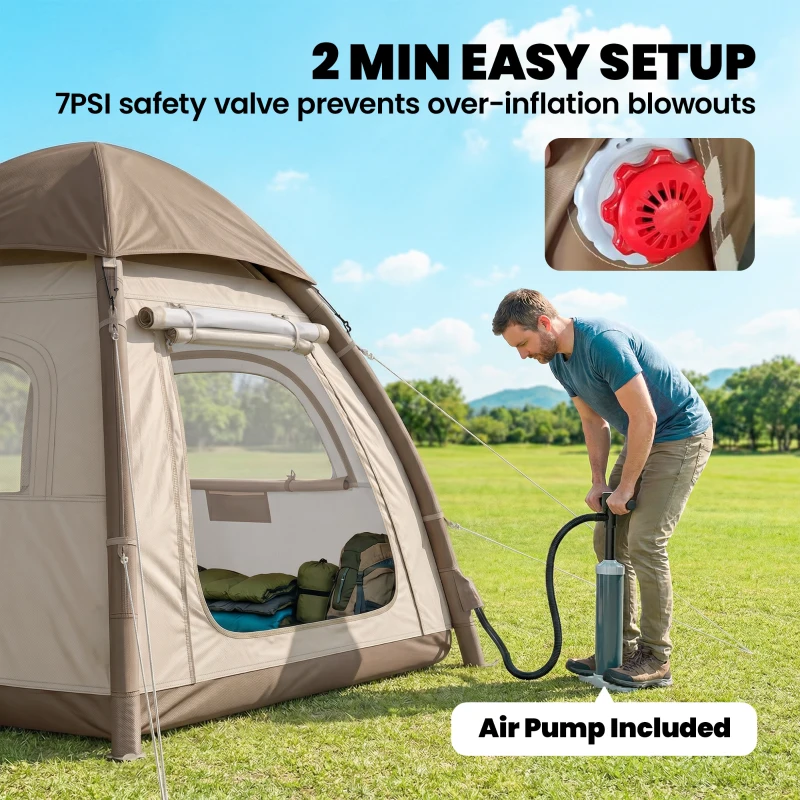 Outsunny Inflatable Camping Tent with Rainfly, 2-3 Man Air Tent 3000mm Waterproof Blow Up Tents, Cream