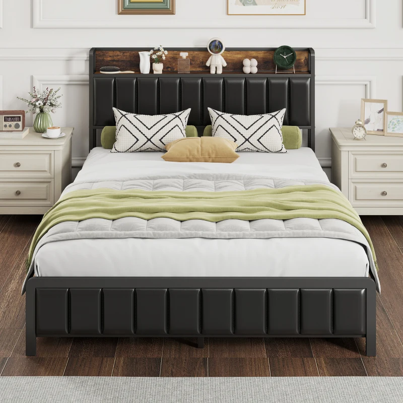 HOMCOM Cadre de lit 140 x 190 cm avec sommier à lattes en métal, lit double rembourré avec 4 tiroirs et étagère, noir
