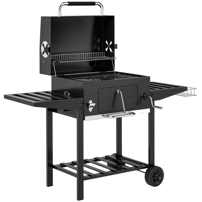 Outsunny Barbacoa de Carbón con Bandeja Ajustable Estantes Plegables Ruedas Termómetro Tapa Chimenea Ventilaciones y Cesta