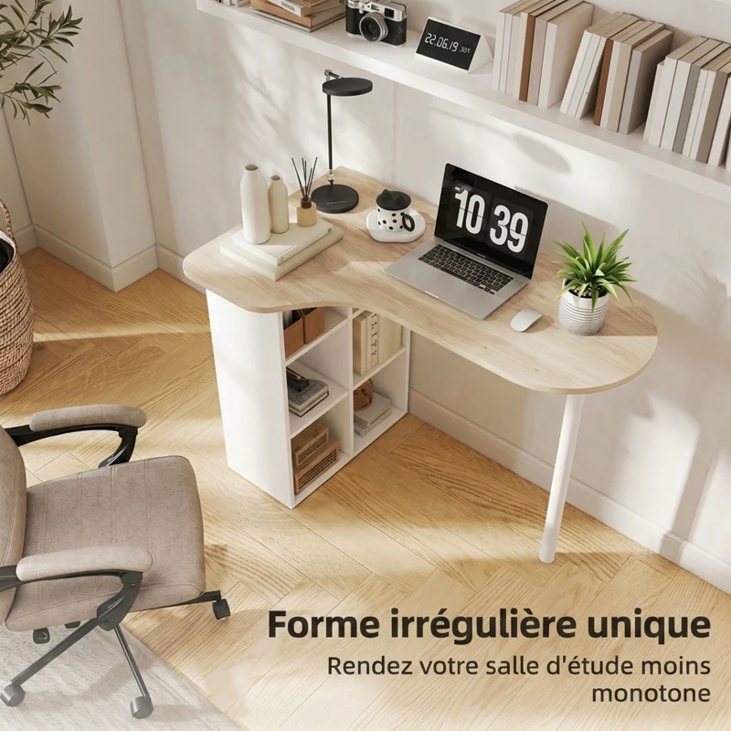 HOMCOM Bureau irrégulier table d'ordinateur 100 x 59 cm avec 6 compartiments, 4 étagères réglables et cadre en acier, chêne