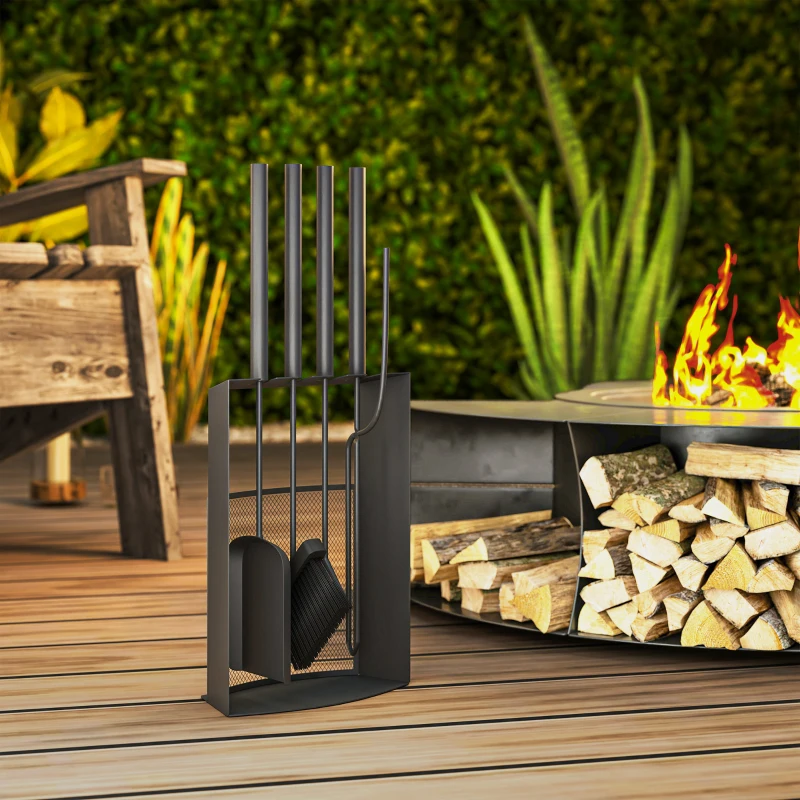 Outsunny Ensemble serviteur de cheminée 5 pièces métal avec balai, pelle, tisonnier, paire de pinces et support 28x13x59,5cm noir