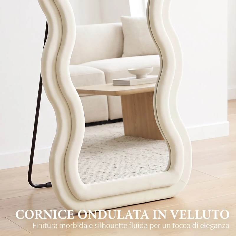 HOMCOM Specchio da Terra con Cornice Ondulata in Velluto e Vetro Temperato, 160x60 cm, Crema