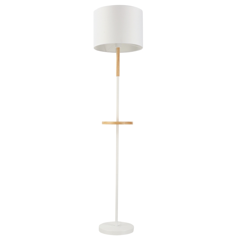 HOMCOM Lámpara de Pie con Estante de Madera Pantalla de Tela Casquillo E27 Máx. de 40W y Interruptor de Pie Moderno para Salón Dormitorio Estudio Ø35x155 cm Blanco