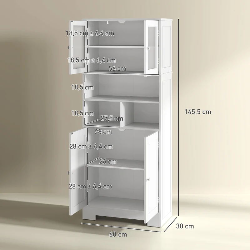 HOMCOM Alacena Alta con Armarios y Estantes Abiertos Puertas de Cristal Estantes Ajustables y Sistema Antivuelco 60x30x145,5 cm