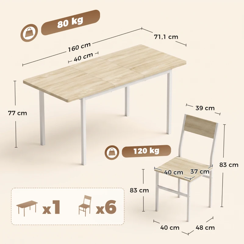 HOMCOM Conjunto Mesa de Comedor Extensible 120-160 cm y 6 Sillas Apilables para 4-6 Personas Efecto Roble