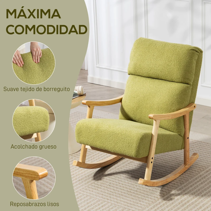 HOMCOM Silla Mecedora de Borreguito con Patas y Reposabrazos de Madera de Caucho Mecedora Carga 120 kg Verde Claro