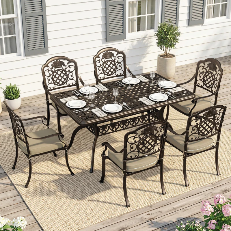 Outsunny Garden Dining Set for 6, Cast Aluminium Outdoor Table and Chairs Set with Cushions, Parasol Hole for Patio, Bronze Tone