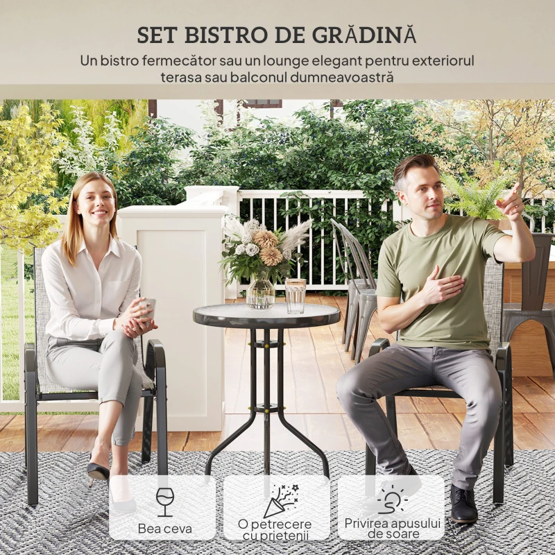 Outsunny Set Mobilier de Grădină din 3 Piese cu Scaune Suprapozabile și Masă din Sticlă, 54x71x93 cm, Gri Închis