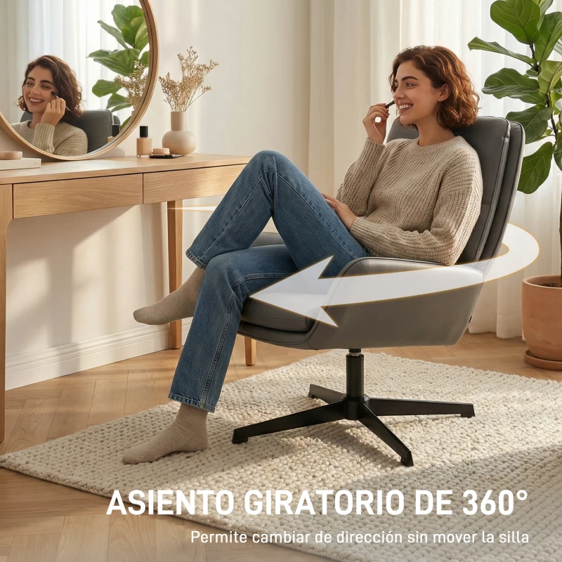 HOMCOM Butaca de Salón Tapizado en PU Sillón Lectura con Asiento Acolchado Reposabrazos Patas Metálicas Gris