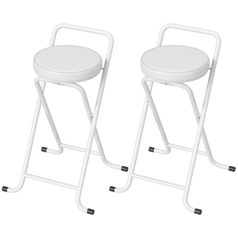 HOMCOM Tabourets de Bar Pliants Lot de 2, sans Assemblage, Chaises de Bar, Assise Rembourré 63H cm, Cadre en Acier, Blanc
