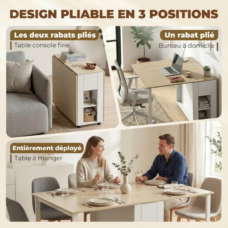 HOMCOM Table à manger pliante pour 6 personnes 39-168 cm, table de cuisine avec 2 tiroirs et 4 étagères ouvertes, blanc