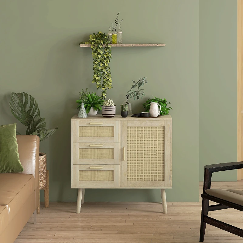 HOMCOM Mobile Multiuso Stile Boho con Armadietto e 3 Cassetti in Legno e Rattan, 80x36x75cm, Rovere